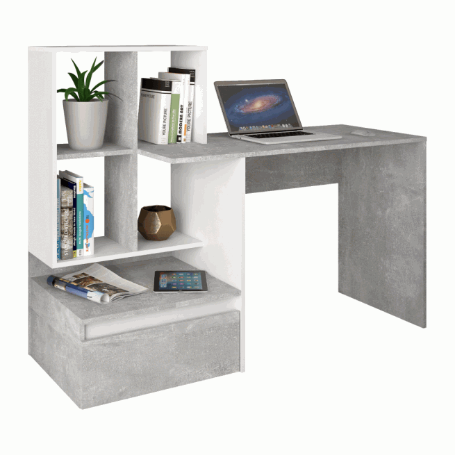 PC stůl, beton/bílá, NEREO NEW
